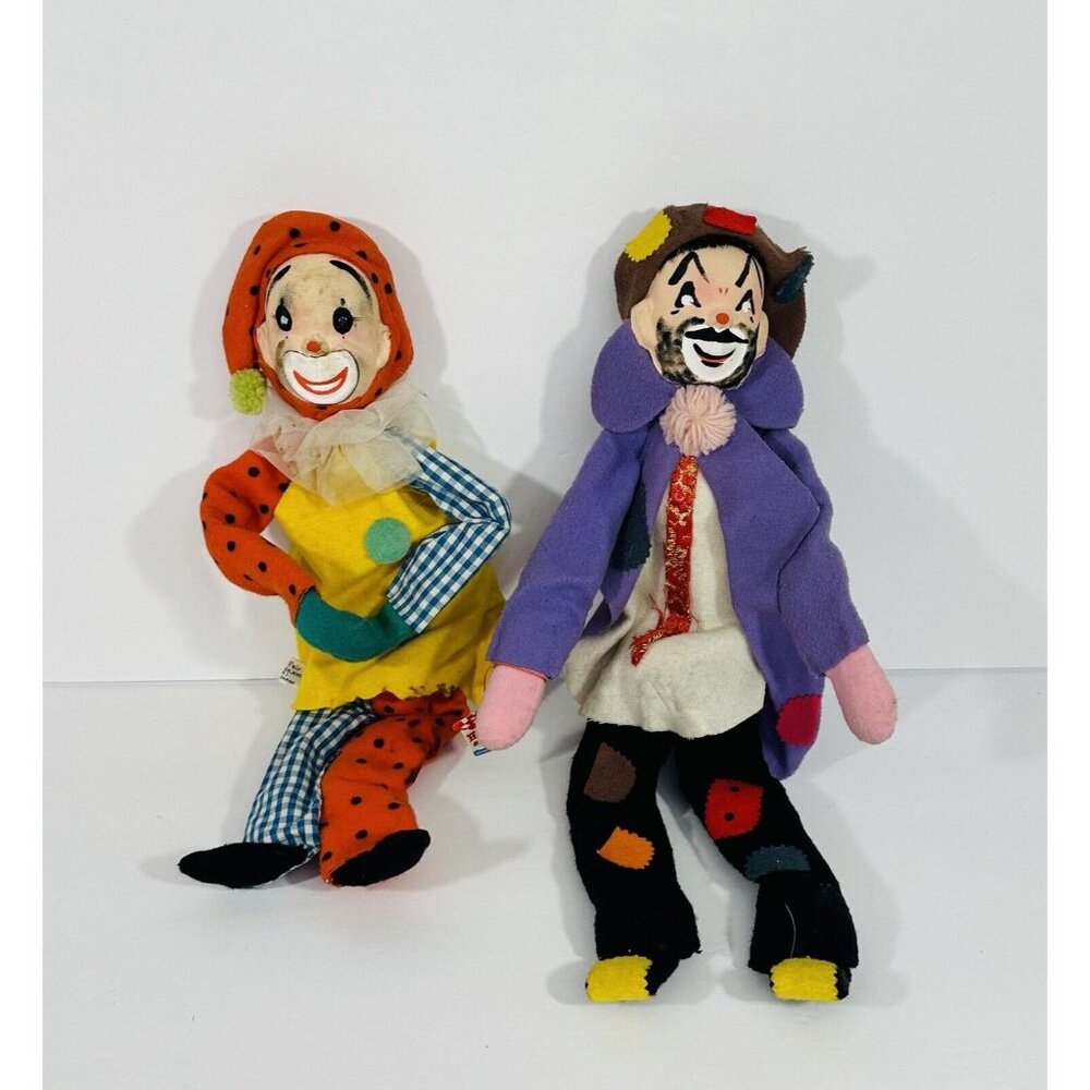 Holiday Fair Hedaya & Co Clown Dolls 15" Tall Made In Japan 1960s Poseable Vtg